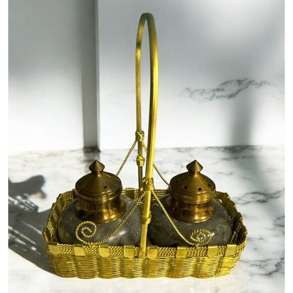 Vtg Salt Pepper Shaker Set Vintage Marble Brass In Gold Hardware Basket - Picture 1 of 5